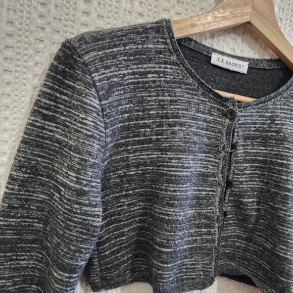 Vintage J.J. Basics Dark Gray Micro Mini Cropped Button Front Cardigan Medium - Picture 3 of 12